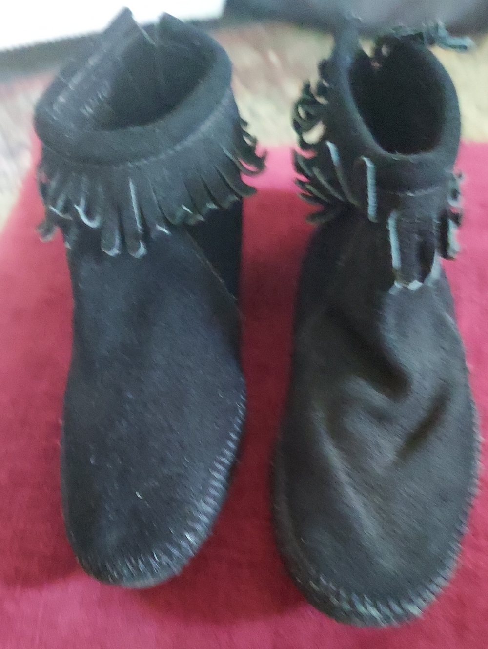 Minnetonka Black Fringe Ankle Moccasins